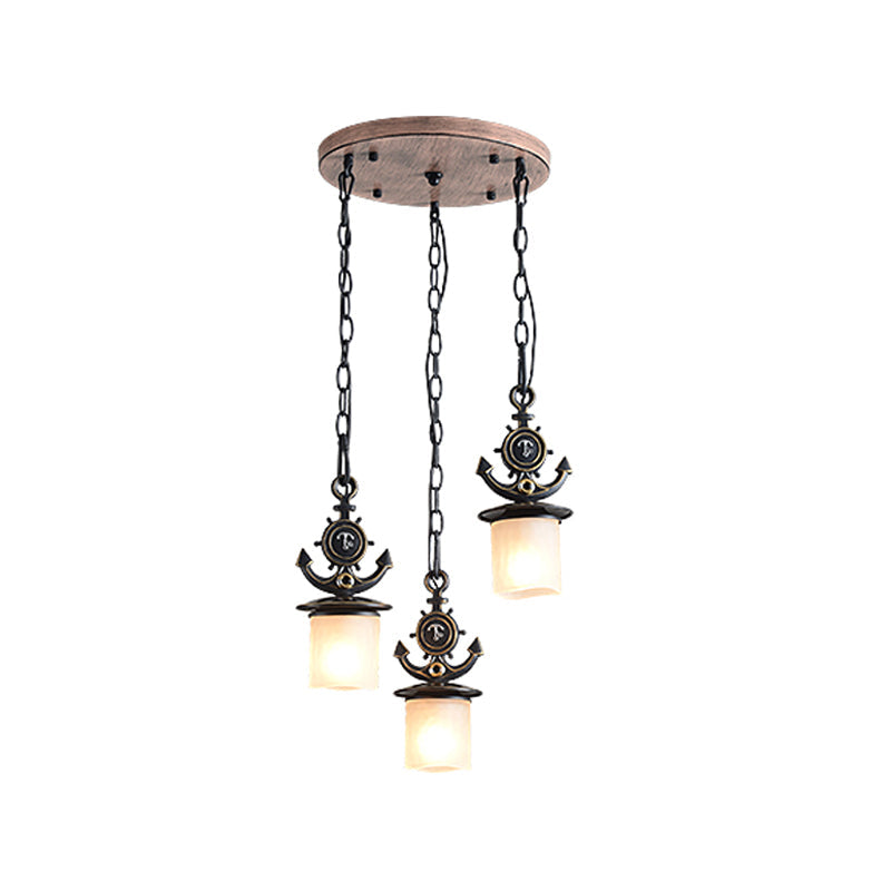 Black Cylinder Suspension Lamp Creative 3 Lights Opaque Glass Multi Pendant with Anchor Chain, Linear/Round Canopy Clearhalo 'Ceiling Lights' 'Glass shade' 'Glass' 'Pendant Lights' 'Pendants' Lighting' 1933910