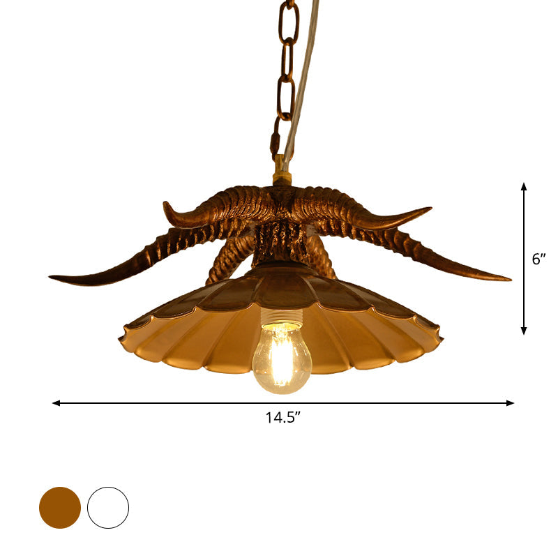 Resin OX Horn Hanging Lamp Rustic Single Restaurant Pendant Light Fixture with Scalloped Shade in Brass/White Clearhalo 'Ceiling Lights' 'Pendant Lights' 'Pendants' Lighting' 1933990