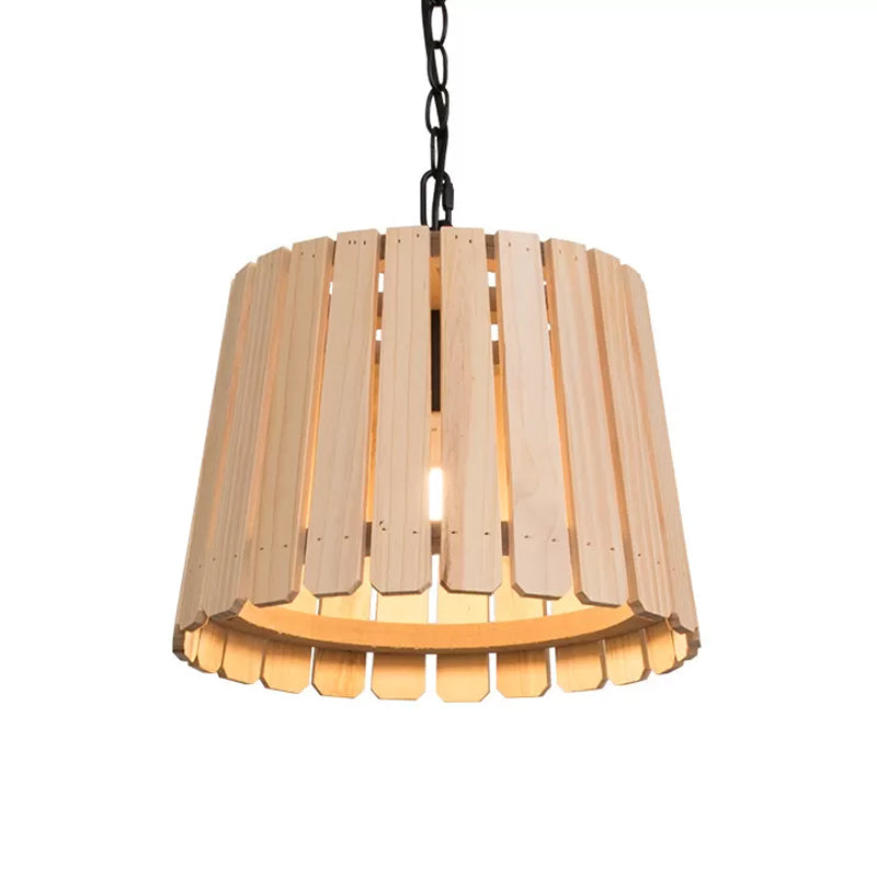 Single Pendant Lamp Rustic Hollowed Barrel Wood Hanging Ceiling Light with Chain over Table Clearhalo 'Ceiling Lights' 'Pendant Lights' 'Pendants' Lighting' 1933993