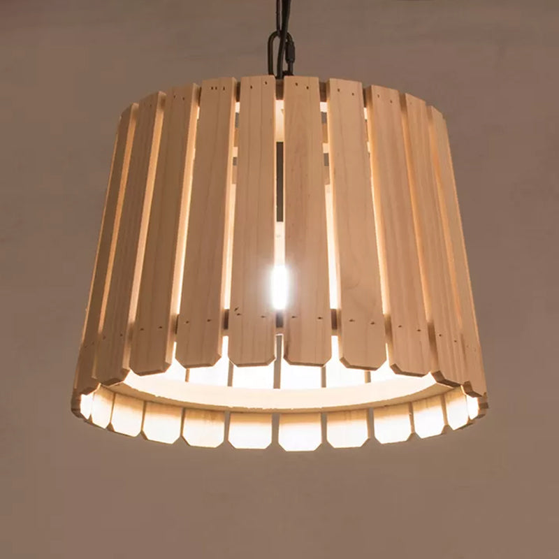 Single Pendant Lamp Rustic Hollowed Barrel Wood Hanging Ceiling Light with Chain over Table Clearhalo 'Ceiling Lights' 'Pendant Lights' 'Pendants' Lighting' 1933996