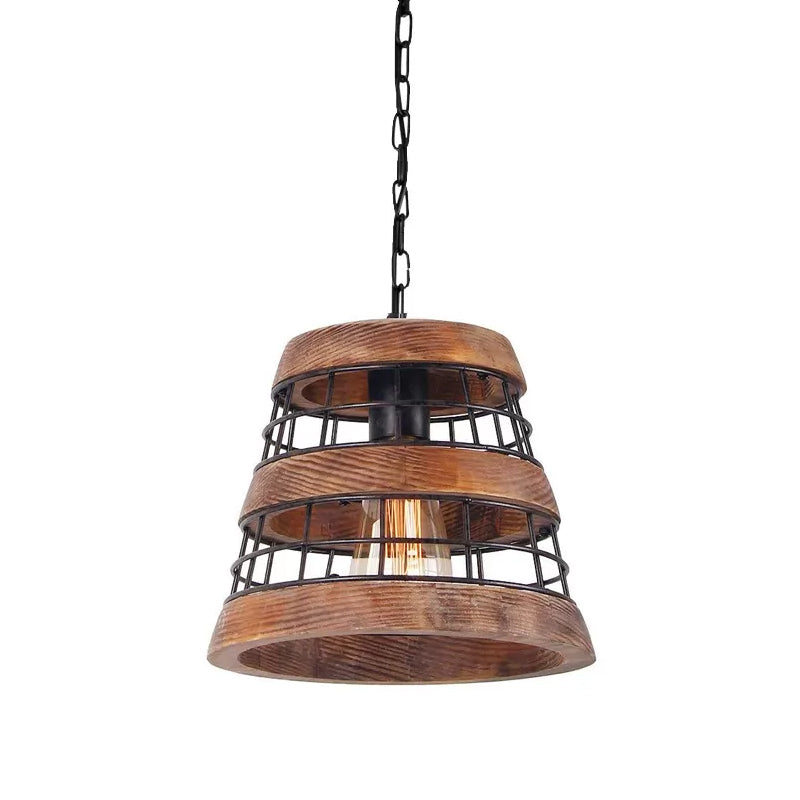 Tapered Kitchen Pendant Light Rural Metal 1 Head Dark Wood Suspended Lighting Fixture with Wire Guard Clearhalo 'Ceiling Lights' 'Pendant Lights' 'Pendants' Lighting' 1933998