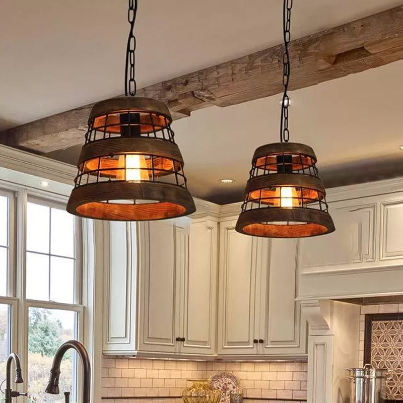 Tapered Kitchen Pendant Light Rural Metal 1 Head Dark Wood Suspended Lighting Fixture with Wire Guard Dark Wood Clearhalo 'Ceiling Lights' 'Pendant Lights' 'Pendants' Lighting' 1933999_fbfcf854-a96c-4f4f-adaa-e38d0f84bb8e