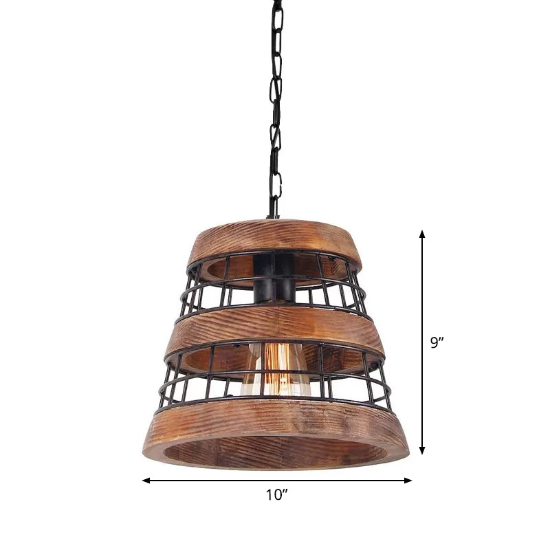 Tapered Kitchen Pendant Light Rural Metal 1 Head Dark Wood Suspended Lighting Fixture with Wire Guard Clearhalo 'Ceiling Lights' 'Pendant Lights' 'Pendants' Lighting' 1934002