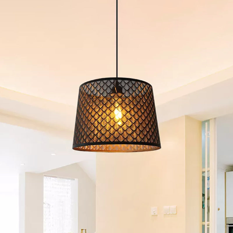 Black 1 Head Hanging Pendant Rustic Metal Wire Cage/Etched Tree Patterned Drum Shade Drop Lamp for Dining Room Clearhalo 'Ceiling Lights' 'Pendant Lights' 'Pendants' Lighting' 1934013