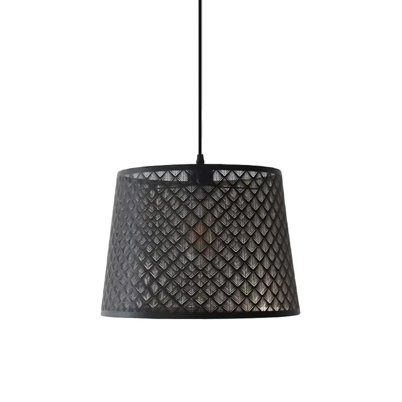 Black 1 Head Hanging Pendant Rustic Metal Wire Cage/Etched Tree Patterned Drum Shade Drop Lamp for Dining Room Clearhalo 'Ceiling Lights' 'Pendant Lights' 'Pendants' Lighting' 1934014