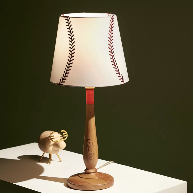 Conical Fabric Table Light Modernism 1-Light Brown/Wood Nightstand Lamp with Baseball Design Wood Clearhalo 'Lamps' 'Table Lamps' Lighting' 1934236