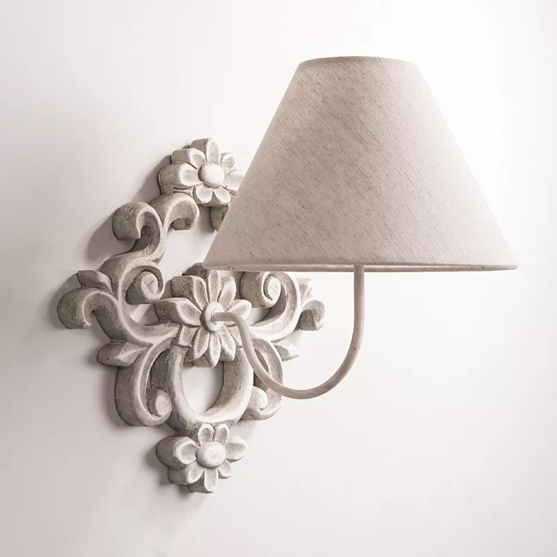 Tapered Fabric Wall Sconce Light Countryside 1 Light Corridor Wall Lighting in White with Wood Carved Backplate Clearhalo 'Wall Lamps & Sconces' 'Wall Lights' Lighting' 1934296