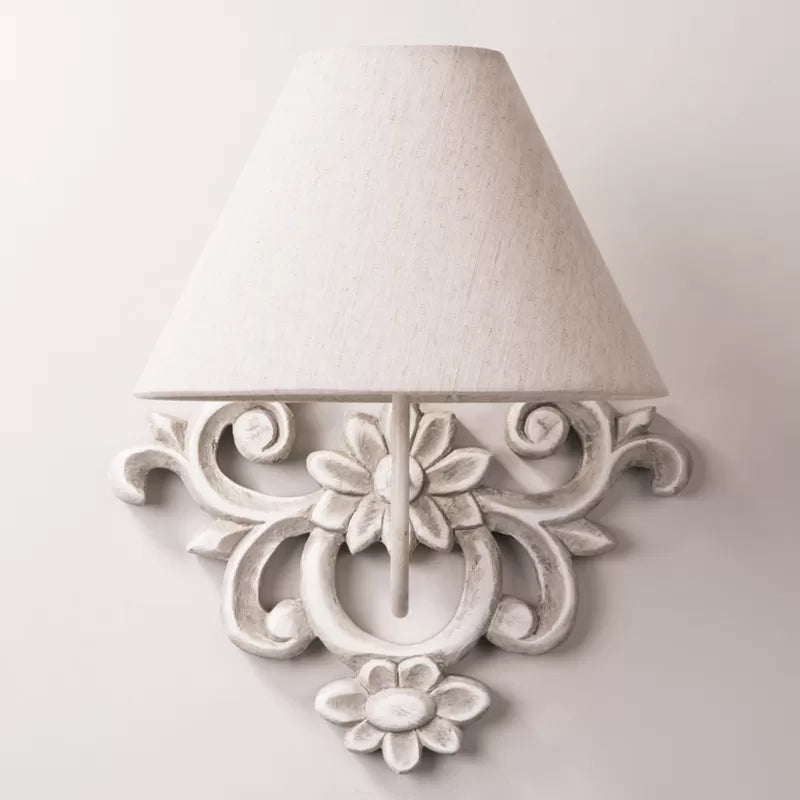 Tapered Fabric Wall Sconce Light Countryside 1 Light Corridor Wall Lighting in White with Wood Carved Backplate White Clearhalo 'Wall Lamps & Sconces' 'Wall Lights' Lighting' 1934297