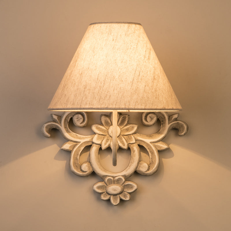 Tapered Fabric Wall Sconce Light Countryside 1 Light Corridor Wall Lighting in White with Wood Carved Backplate Clearhalo 'Wall Lamps & Sconces' 'Wall Lights' Lighting' 1934298