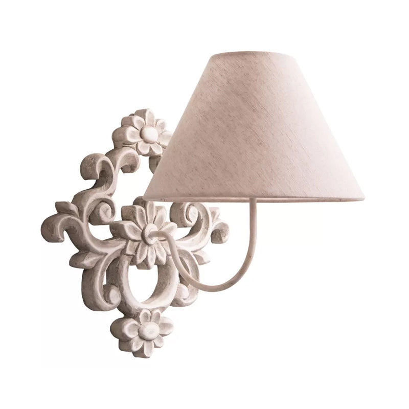 Tapered Fabric Wall Sconce Light Countryside 1 Light Corridor Wall Lighting in White with Wood Carved Backplate Clearhalo 'Wall Lamps & Sconces' 'Wall Lights' Lighting' 1934299