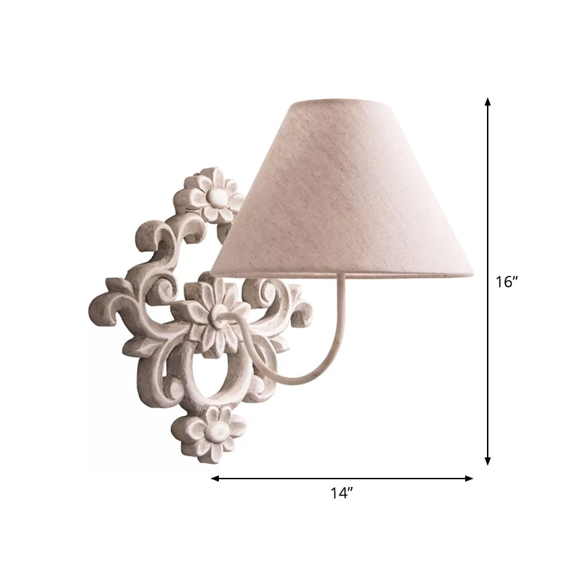 Tapered Fabric Wall Sconce Light Countryside 1 Light Corridor Wall Lighting in White with Wood Carved Backplate Clearhalo 'Wall Lamps & Sconces' 'Wall Lights' Lighting' 1934300