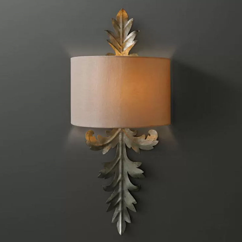 White Semi-Drum Flush Wall Sconce Vintage Fabric 1 Light Corridor Wall Mount Lamp Fixture with Leaf Deco Clearhalo 'Wall Lamps & Sconces' 'Wall Lights' Lighting' 1934331