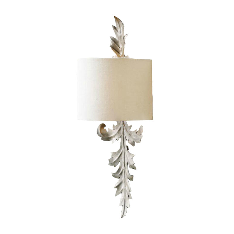 White Semi-Drum Flush Wall Sconce Vintage Fabric 1 Light Corridor Wall Mount Lamp Fixture with Leaf Deco Clearhalo 'Wall Lamps & Sconces' 'Wall Lights' Lighting' 1934333