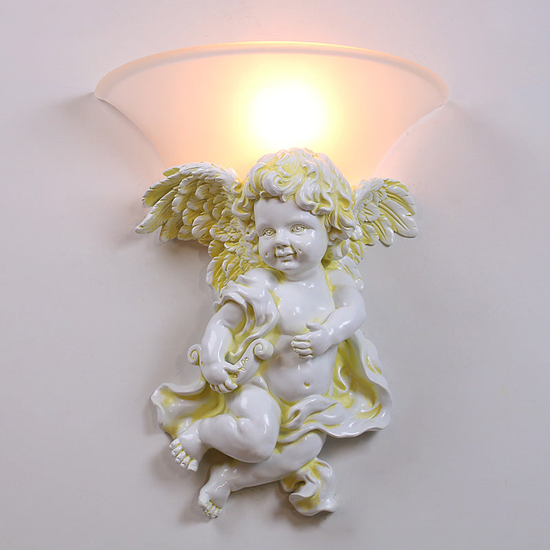 White/Gold Angel Sconce Wall Colonial 1 Head Resin Mounted Lighting with Bell Opal Glass Shade, Boy/Girl White Boy Clearhalo 'Wall Lamps & Sconces' 'Wall Lights' Lighting' 1934346