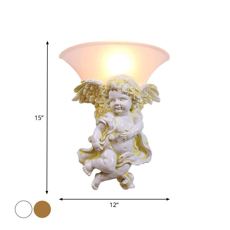 White/Gold Angel Sconce Wall Colonial 1 Head Resin Mounted Lighting with Bell Opal Glass Shade, Boy/Girl Clearhalo 'Wall Lamps & Sconces' 'Wall Lights' Lighting' 1934348