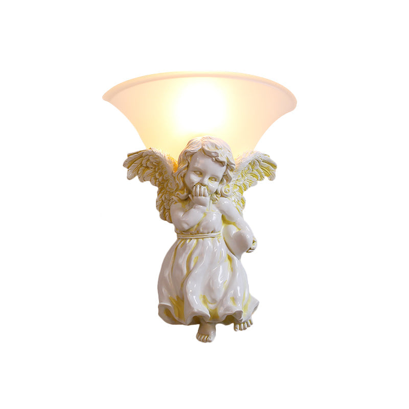 White/Gold Angel Sconce Wall Colonial 1 Head Resin Mounted Lighting with Bell Opal Glass Shade, Boy/Girl White Girl Clearhalo 'Wall Lamps & Sconces' 'Wall Lights' Lighting' 1934349