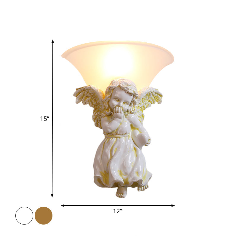 White/Gold Angel Sconce Wall Colonial 1 Head Resin Mounted Lighting with Bell Opal Glass Shade, Boy/Girl Clearhalo 'Wall Lamps & Sconces' 'Wall Lights' Lighting' 1934350