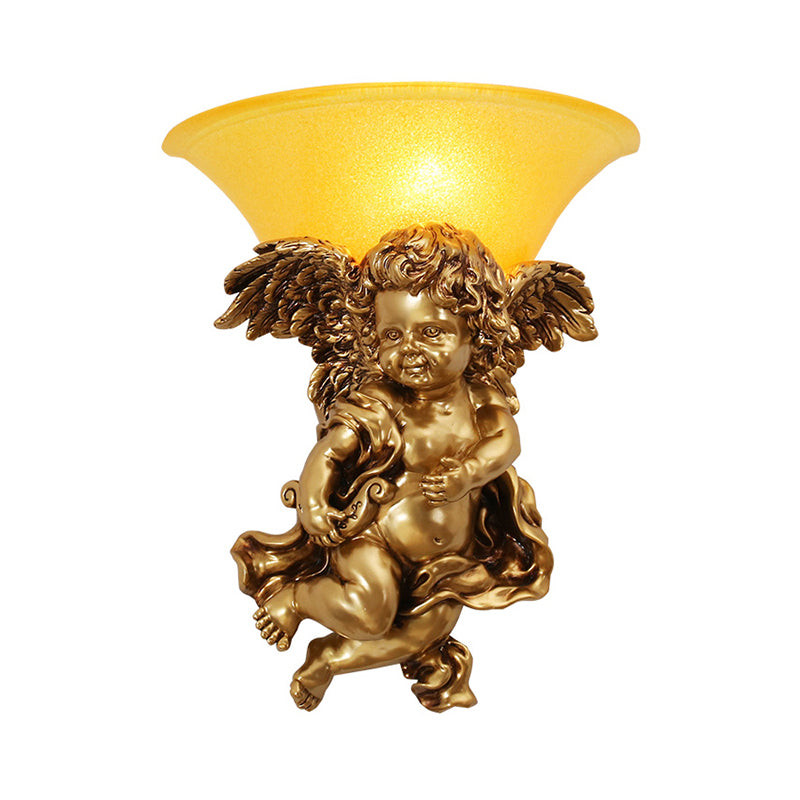White/Gold Angel Sconce Wall Colonial 1 Head Resin Mounted Lighting with Bell Opal Glass Shade, Boy/Girl Gold Boy Clearhalo 'Wall Lamps & Sconces' 'Wall Lights' Lighting' 1934351