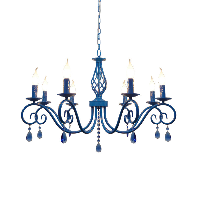 8 Bulbs Curly Arm Pendant Chandelier Vintage Black/White/Blue Metal Ceiling Suspension Lamp for Living Room Clearhalo 'Ceiling Lights' 'Chandeliers' Lighting' options 1934357