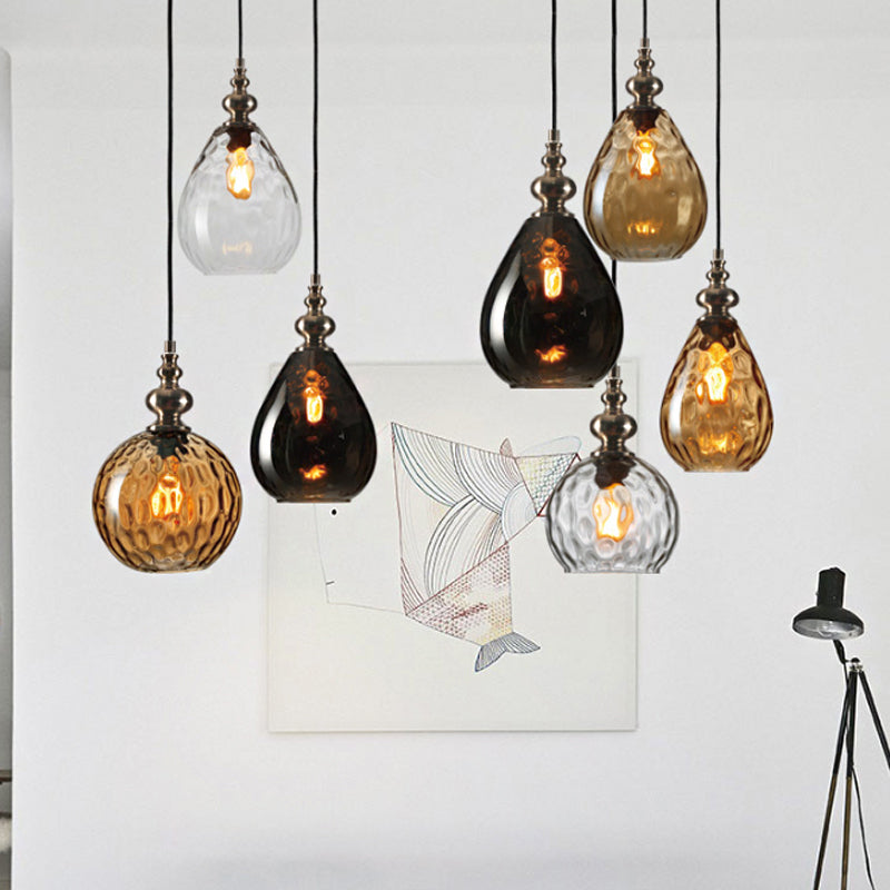 1 Bulb Raindrop Ceiling Hang Light Vintage Amber/Clear Water/Smoke Grey Glass Pendant Lamp with Gooseneck Arm Smoke Gray Clearhalo 'Ceiling Lights' 'Glass shade' 'Glass' 'Industrial Pendants' 'Industrial' 'Middle Century Pendants' 'Pendant Lights' 'Pendants' 'Tiffany' Lighting' 1934397