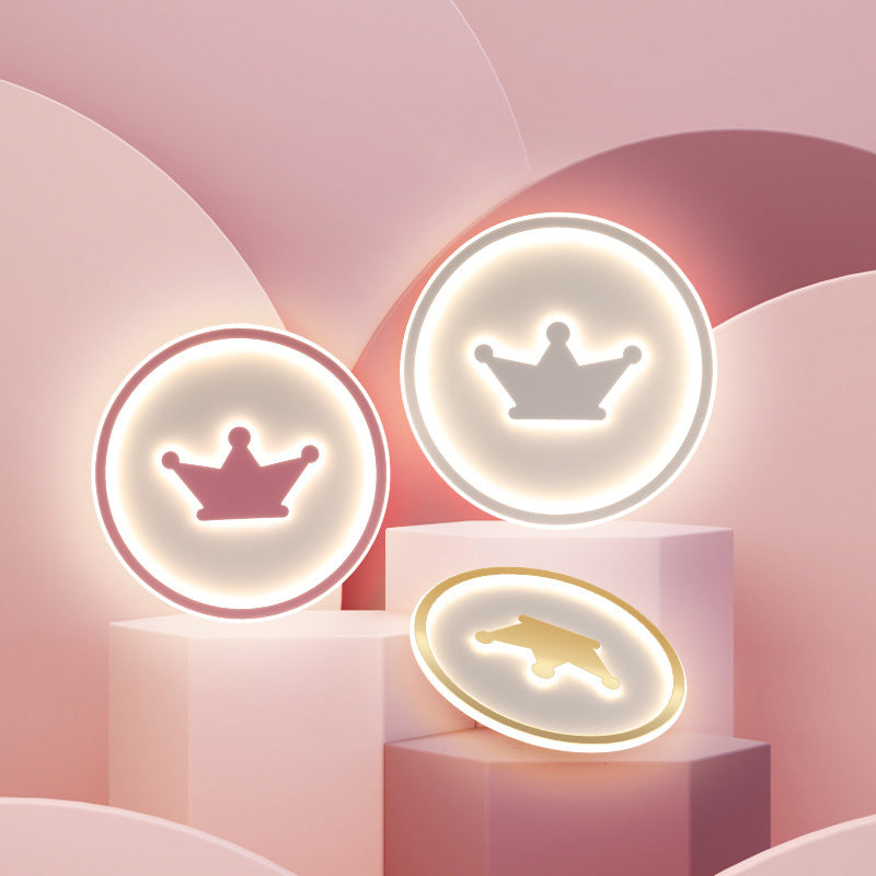 Cartoon Crown Flush Mount Light Acrylic Kids Room LED Circular Ceiling Lamp in Pink/Gold/White, 16