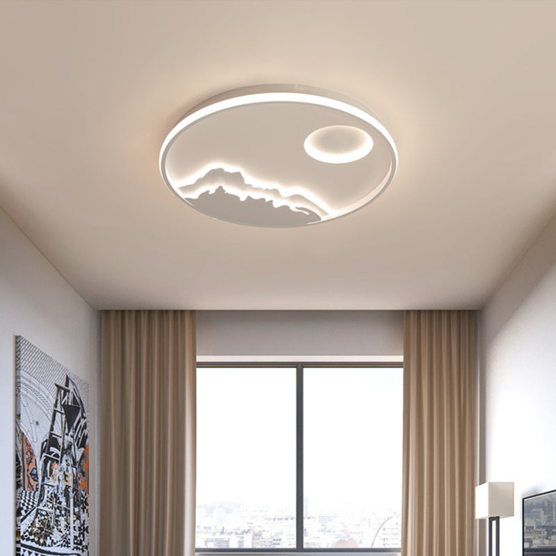 Modern LED Circle Ceiling Light White Mountain Sunrise Scenery Flush Mount with Acrylic Shade in Warm/White Light, 17