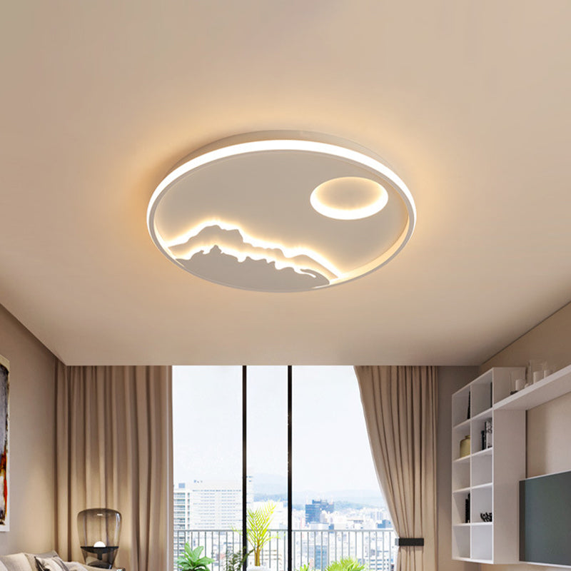 Modern LED Circle Ceiling Light White Mountain Sunrise Scenery Flush Mount with Acrylic Shade in Warm/White Light, 17