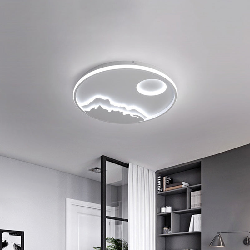 Modern LED Circle Ceiling Light White Mountain Sunrise Scenery Flush Mount with Acrylic Shade in Warm/White Light, 17