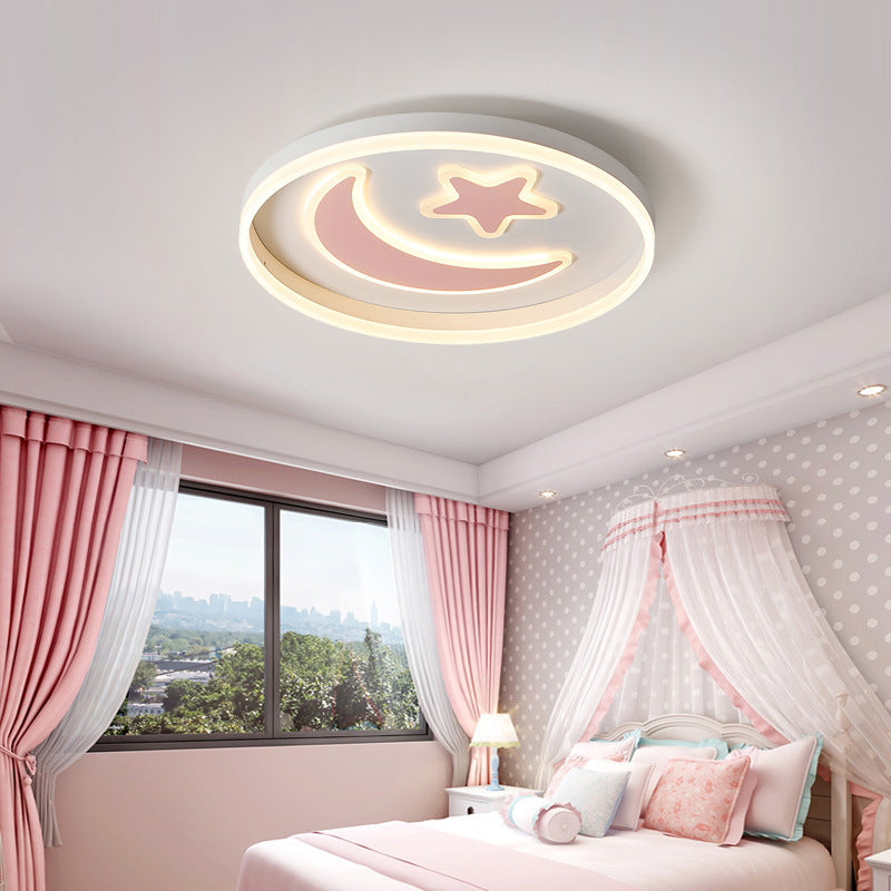 Kids Circular Flush Mount Lighting Acrylic Bedroom LED Ceiling Light with Moon-Star Pattern in Black/White/Pink Pink Clearhalo 'Ceiling Lights' 'Close To Ceiling Lights' 'Close to ceiling' 'Flush mount' Lighting' 1936047