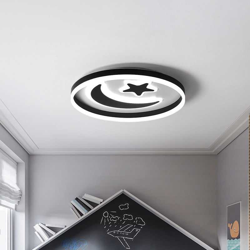 Kids Circular Flush Mount Lighting Acrylic Bedroom LED Ceiling Light with Moon-Star Pattern in Black/White/Pink Black Clearhalo 'Ceiling Lights' 'Close To Ceiling Lights' 'Close to ceiling' 'Flush mount' Lighting' 1936060