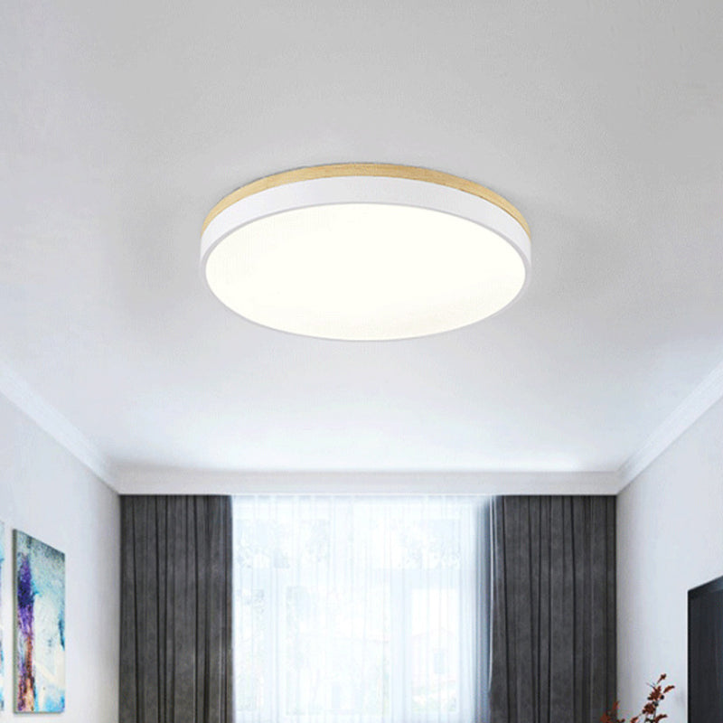 White Round Ceiling Light Fixture Minimalism LED Acrylic Flushmount with Wood Canopy, 12