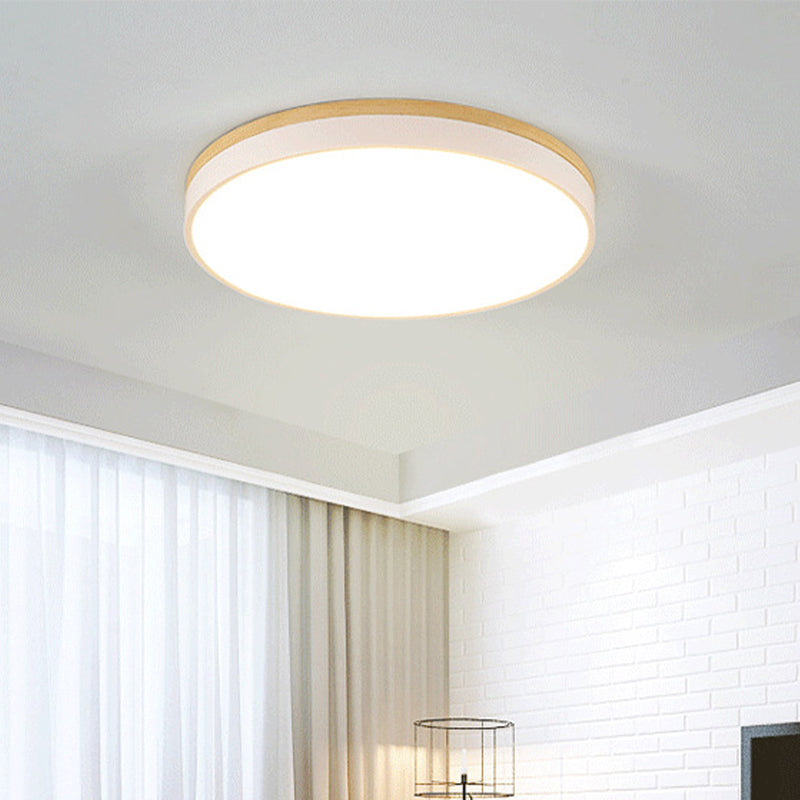 White Round Ceiling Light Fixture Minimalism LED Acrylic Flushmount with Wood Canopy, 12