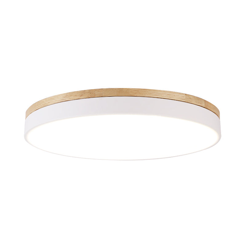 White Round Ceiling Light Fixture Minimalism LED Acrylic Flushmount with Wood Canopy, 12