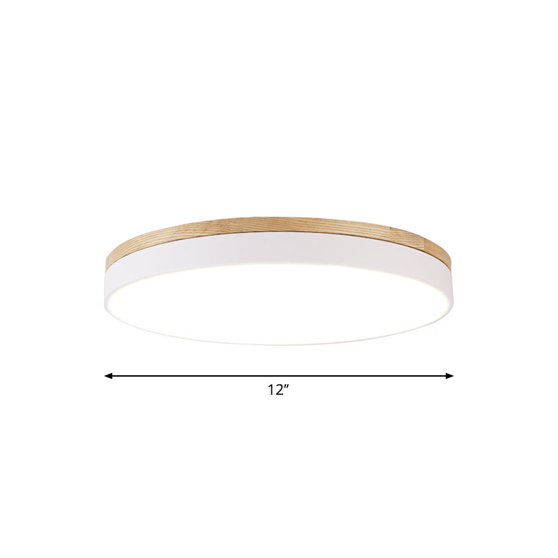 White Round Ceiling Light Fixture Minimalism LED Acrylic Flushmount with Wood Canopy, 12