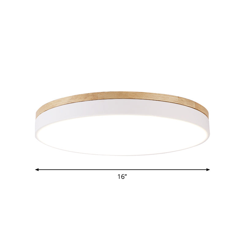 White Round Ceiling Light Fixture Minimalism LED Acrylic Flushmount with Wood Canopy, 12