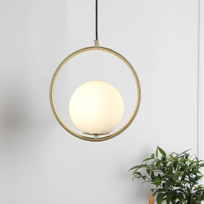 Black/Gold Sphere Hanging Lamp Postmodern Single Frosted White Glass Ringed Pendant Lighting Fixture, 10