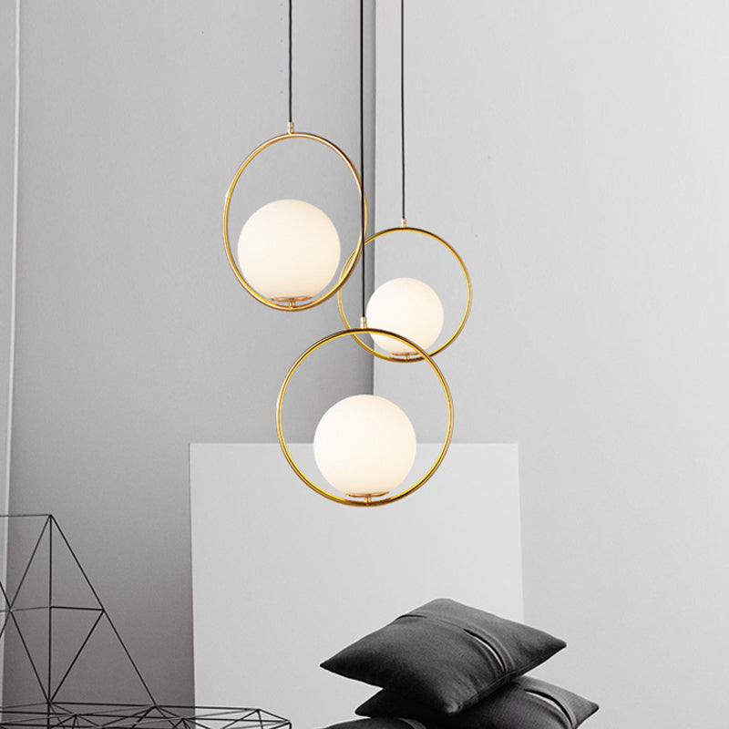 Black/Gold Sphere Hanging Lamp Postmodern Single Frosted White Glass Ringed Pendant Lighting Fixture, 10