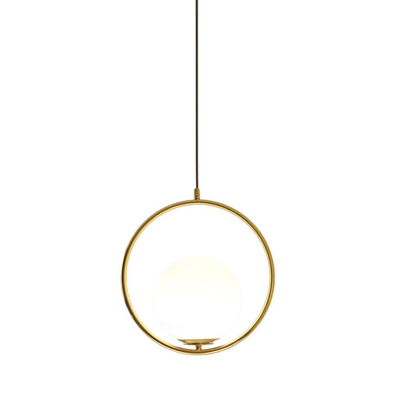 Black/Gold Sphere Hanging Lamp Postmodern Single Frosted White Glass Ringed Pendant Lighting Fixture, 10