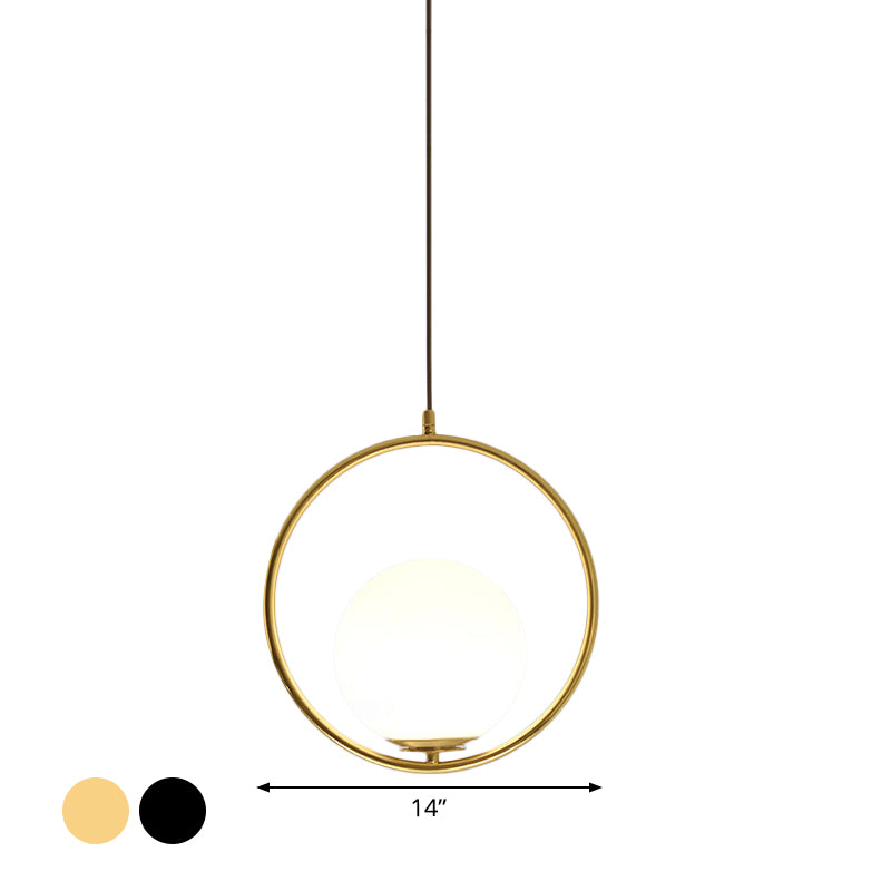 Black/Gold Sphere Hanging Lamp Postmodern Single Frosted White Glass Ringed Pendant Lighting Fixture, 10