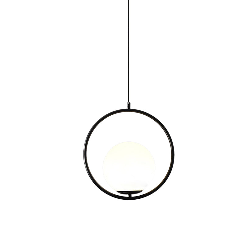 Black/Gold Sphere Hanging Lamp Postmodern Single Frosted White Glass Ringed Pendant Lighting Fixture, 10