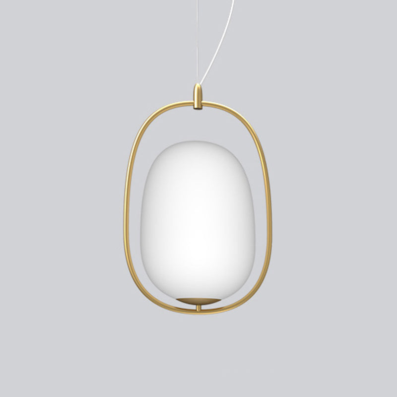 Postmodern Single Ceiling Hang Light Gold Cocoon Shaped Pendant Lamp with Frame and White Glass Shade, Warm/White/3 Color Light Clearhalo 'Ceiling Lights' 'Modern Pendants' 'Modern' 'Pendant Lights' 'Pendants' Lighting' 1936822