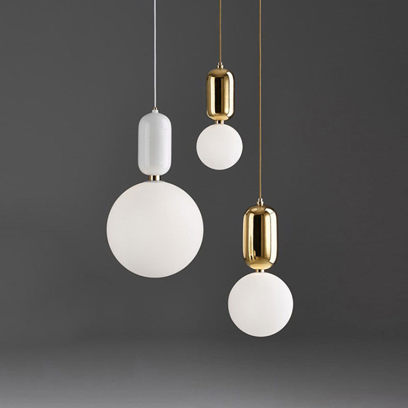 Postmodern 1-Light Pendant Lamp White/Gold Capsule Ceiling Hang Lamp with Milky Ball Glass Shade, 6