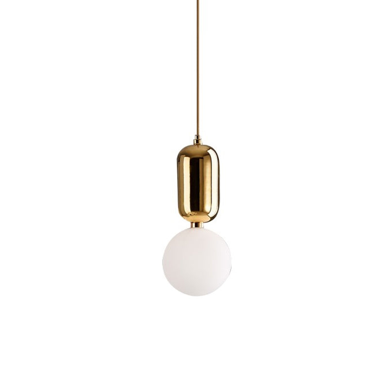 Postmodern 1-Light Pendant Lamp White/Gold Capsule Ceiling Hang Lamp with Milky Ball Glass Shade, 6