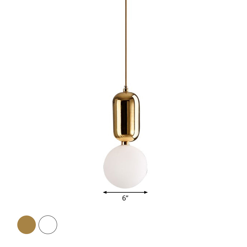 Postmodern 1-Light Pendant Lamp White/Gold Capsule Ceiling Hang Lamp with Milky Ball Glass Shade, 6