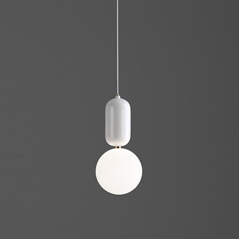 Postmodern 1-Light Pendant Lamp White/Gold Capsule Ceiling Hang Lamp with Milky Ball Glass Shade, 6