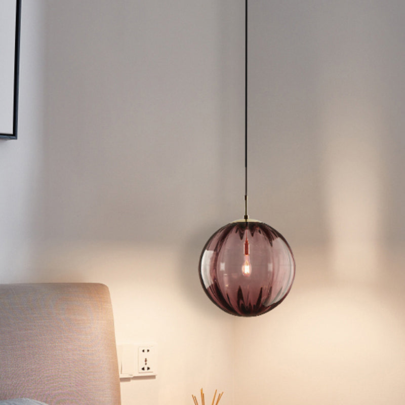 Globe Bedside Pendulum Light Blue/Smoke Grey/Purple Glass 1 Bulb Postmodern Ceiling Pendant Lamp in Black Purple Clearhalo 'Ceiling Lights' 'Glass shade' 'Glass' 'Modern Pendants' 'Modern' 'Pendant Lights' 'Pendants' Lighting' 1937124