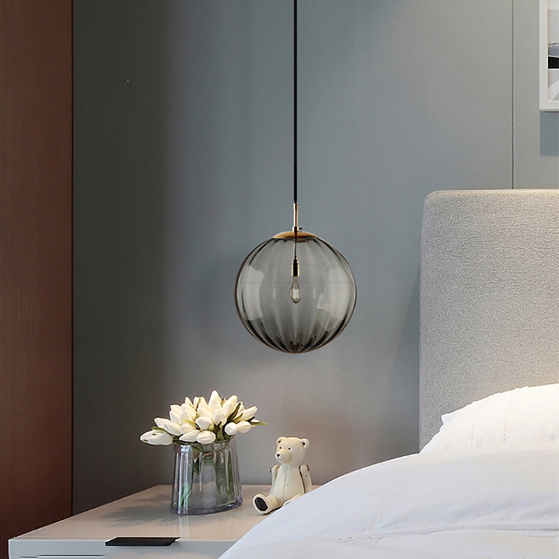 Globe Bedside Pendulum Light Blue/Smoke Grey/Purple Glass 1 Bulb Postmodern Ceiling Pendant Lamp in Black Smoke Gray Clearhalo 'Ceiling Lights' 'Glass shade' 'Glass' 'Modern Pendants' 'Modern' 'Pendant Lights' 'Pendants' Lighting' 1937132