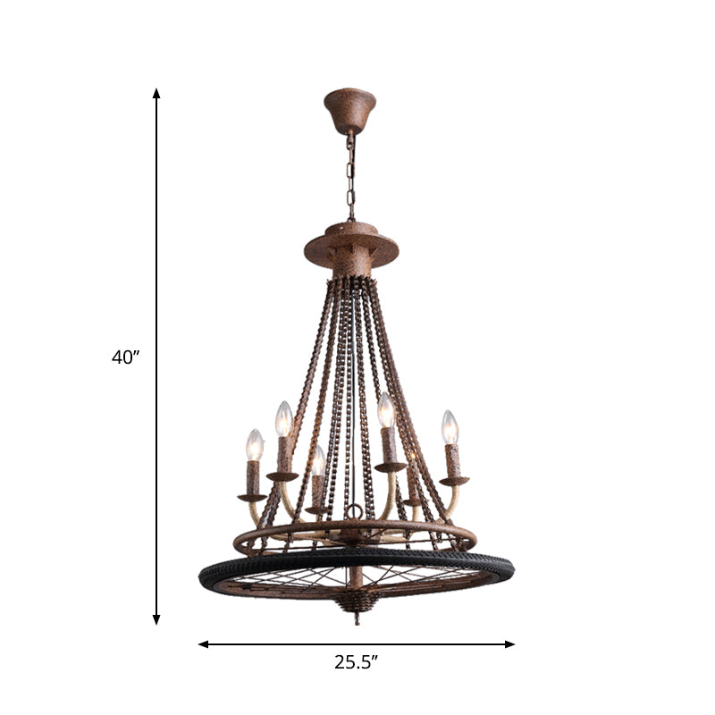 Rust Finish Wheel Chandelier Light Farmhouse Style Wrought Iron 6 Lights Indoor Ceiling Lamp with Candle and Chain Clearhalo 'Cast Iron' 'Ceiling Lights' 'Chandeliers' 'Industrial Chandeliers' 'Industrial' 'Metal' 'Middle Century Chandeliers' 'Rustic Chandeliers' 'Tiffany' Lighting' 193725