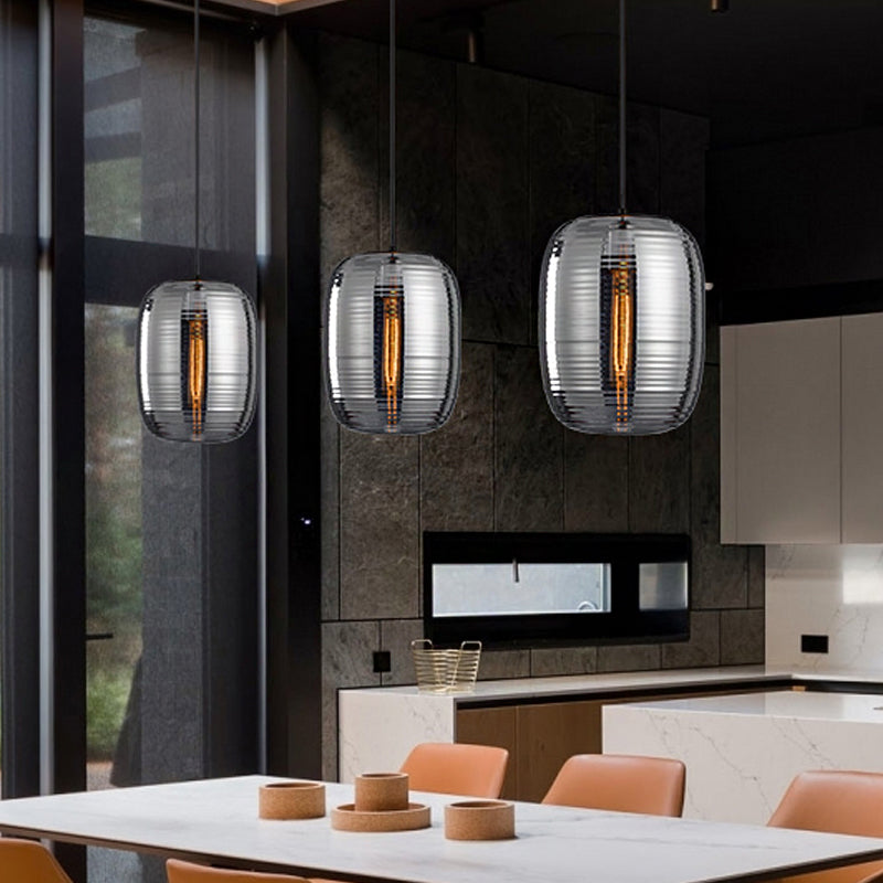 Oval Ceiling Hanging Lantern Modern Amber/Smoke Grey Ribbed Glass 1-Light Dining Room Pendant Light Fixture Smoke Gray Clearhalo 'Ceiling Lights' 'Glass shade' 'Glass' 'Modern Pendants' 'Modern' 'Pendant Lights' 'Pendants' Lighting' 1937253