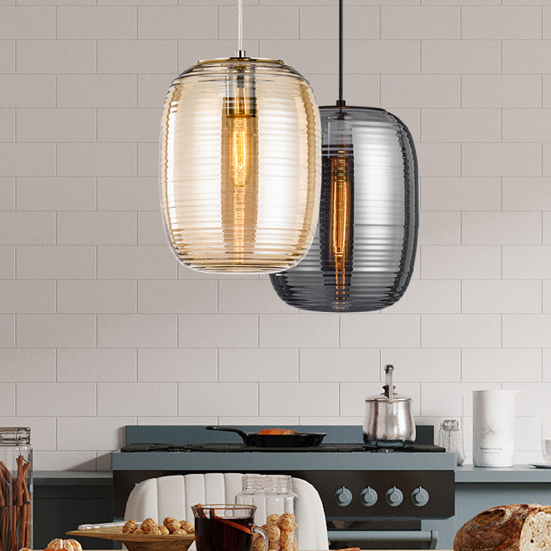 Oval Ceiling Hanging Lantern Modern Amber/Smoke Grey Ribbed Glass 1-Light Dining Room Pendant Light Fixture Amber Clearhalo 'Ceiling Lights' 'Glass shade' 'Glass' 'Modern Pendants' 'Modern' 'Pendant Lights' 'Pendants' Lighting' 1937257